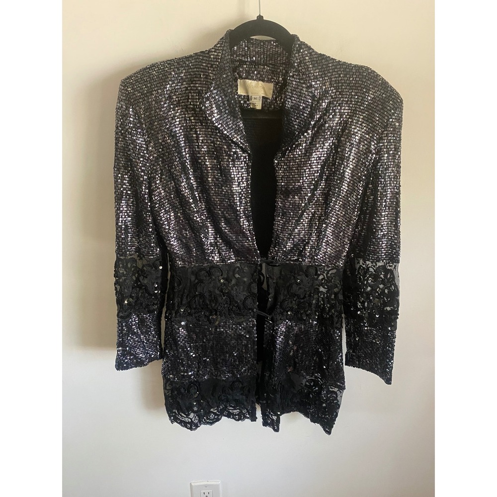 Janine Italy Silver Metallic Sequin Black Lace Longline Blazer Jacket Womens M